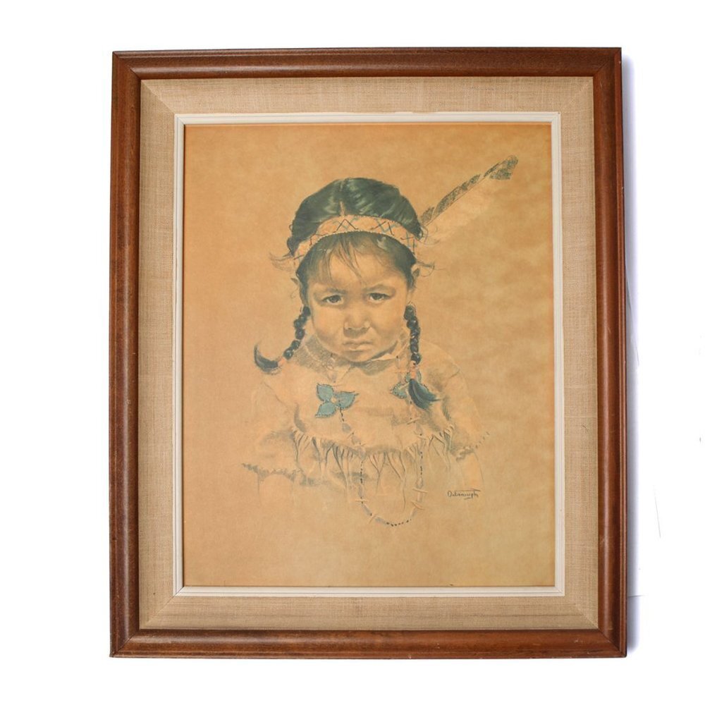 Vintage Dorothy Oxborough Framed Print 1960s First Nations Girl Folk Art 16x20